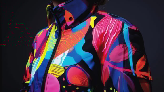 A showstopping jacket made from 3D printed panels featuring vibrant abstract designs and bold pops of color photo