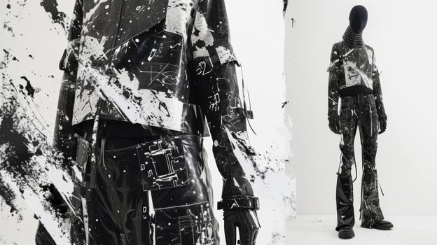 A monochromatic outfit with a mix of digital and glitch prints conveying a sense of chaos and organized disorder that often comes with technology photo