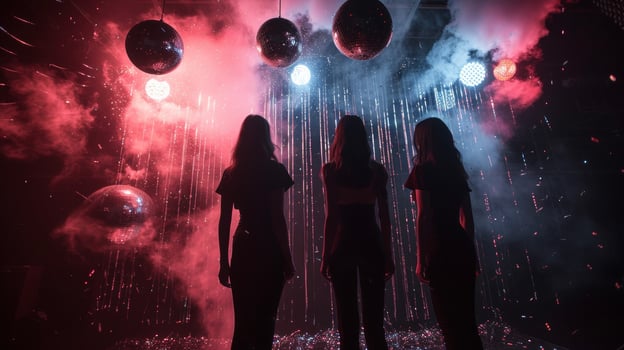 Background The models stand in front of a black curtain with smoke and disco balls in the background adding a and mysterious touch to the overall aesthetic photo