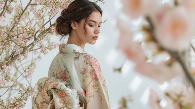 A modern take on a traditional kimono featuring delicate floral embroidery and a luxurious silk fabric. Perfect for a summer garden party photo