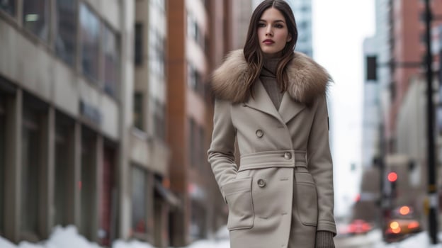 A cozy cashmere sweater dress layered over heavyweight tights and topped off with a statement wool coat featuring a faux fur collar ideal for a chilly day photo