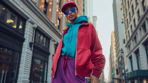 A stylish bomber jacket in a rich vibrant color paired with a cozy fleecelined hoodie and joggers. This outfit is perfect for a day spent running errands in a bustling cit photo