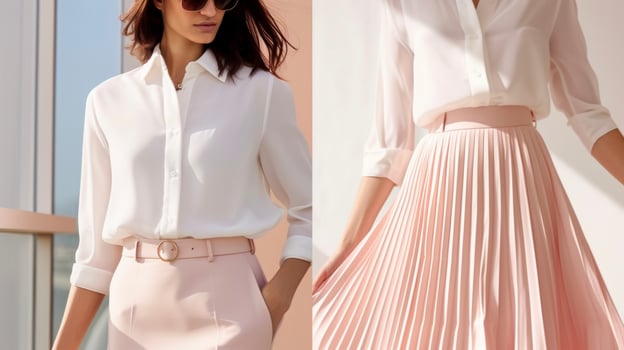 A classic white buttondown blouse paired with a light pink pleated midi skirt gives a sophisticated yet feminine vibe photo