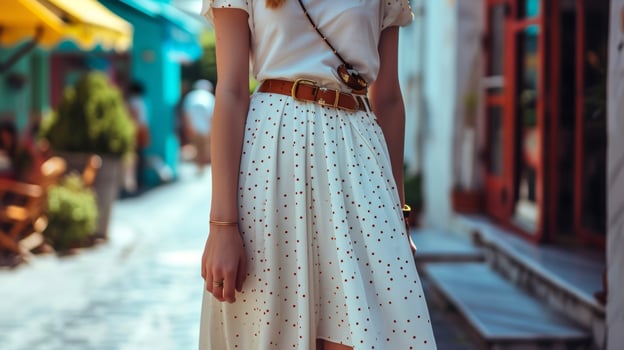 A white midi skirt with a playful polkadot pattern and a statement belt is perfect for a day of shopping and sightseeing in a charming small town photo