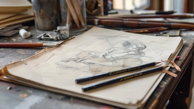 A wellworn sketchbook filled with delicate pencil drawings and charcoal sketches showcasing the versatility of highend drawing supplies photo