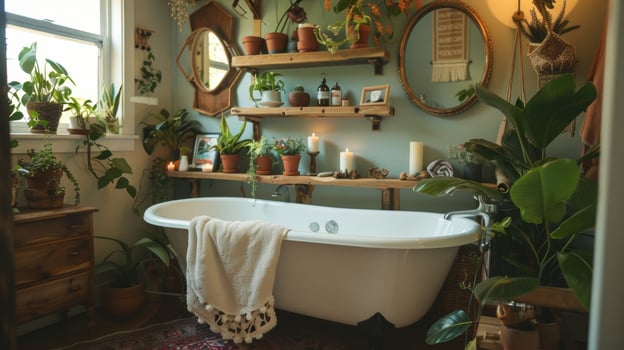 A bohemianinspired bathscape with a clawfoot tub and shelves lined with eclectic plants and candles photo