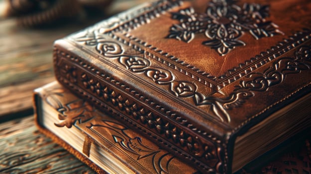 A leather journal with intricate designs engraved on its cover a reflection of the quiet moments its owner spent crafting it photo