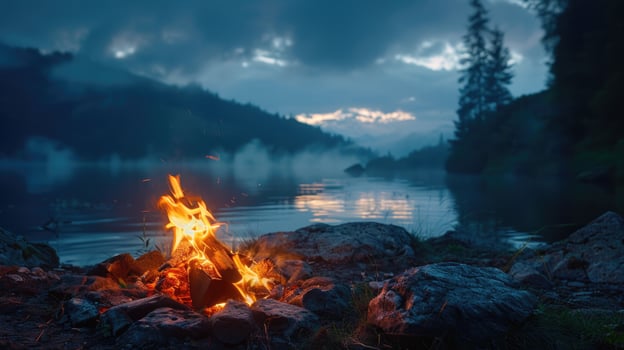 Blazing campfire in a dark forest at night photo