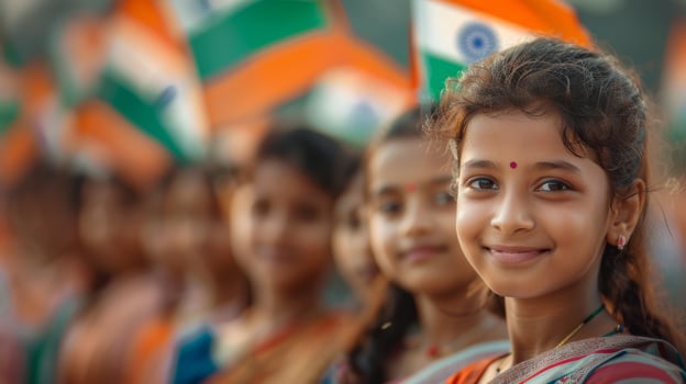 Indian Children Celebrating Indian Independence Day. Background of Crowds Waving Indian Flags. Indian Independence Day Celebration. photo