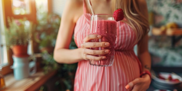 happy pregnant woman drinking green vegetable juice or smoothie at home. photo