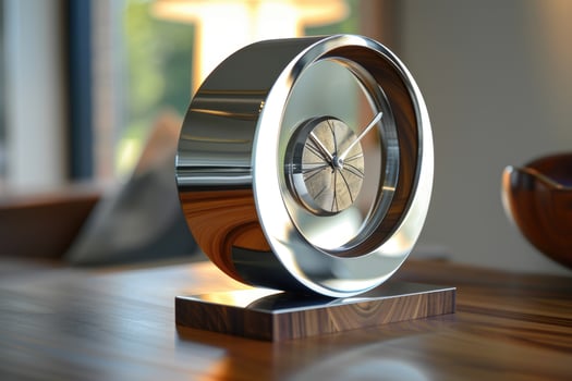 modern alarm clock and houseplant on bedside table. photo