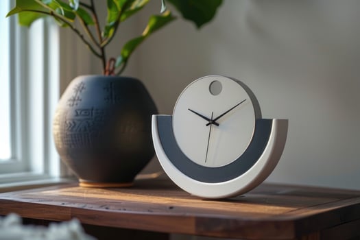 modern alarm clock and houseplant on bedside table. photo