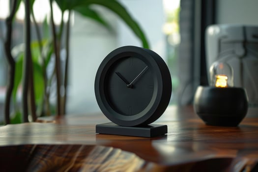modern alarm clock and houseplant on bedside table. photo