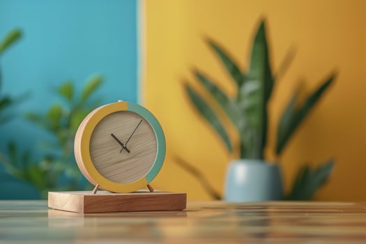 modern alarm clock and houseplant on bedside table. photo