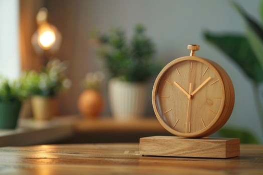 modern alarm clock and houseplant on bedside table. photo