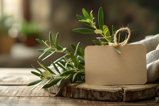 Empty rectangle label mockup with olive branches. Blank price, gift, sale, designation, medicine, cosmetics, title or gift tag template background. photo