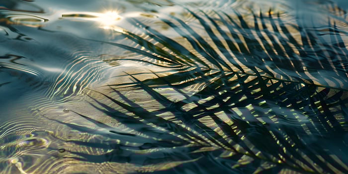 Tropical palm leaves shadows on water surface of white sand beach. Summer vacation at the beach, recreation, tourism and sea travel concept. Beautiful abstract background with copy space. photo