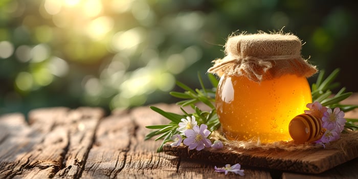 Honey jar with honey dipper, stick and lavender flowers on wooden table with copy space. Beekeeping, natural treatment for cough, strengthening the immune system and preventing colds concept. photo
