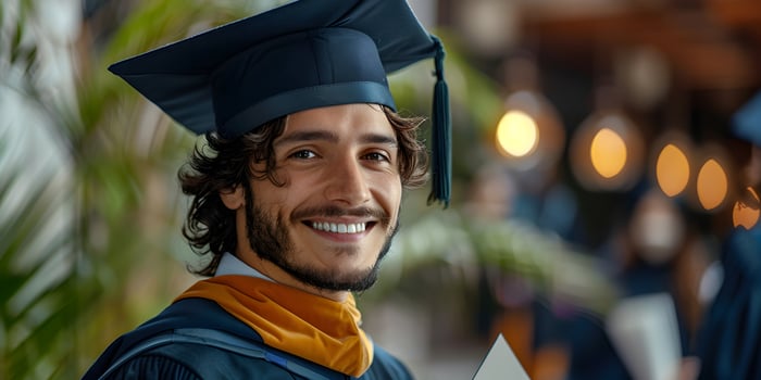 Cheerful young man graduate portrait in mortarboard and bachelor gown, graduation ceremony concept. Congratulation the graduates in University, education background with copy space. photo
