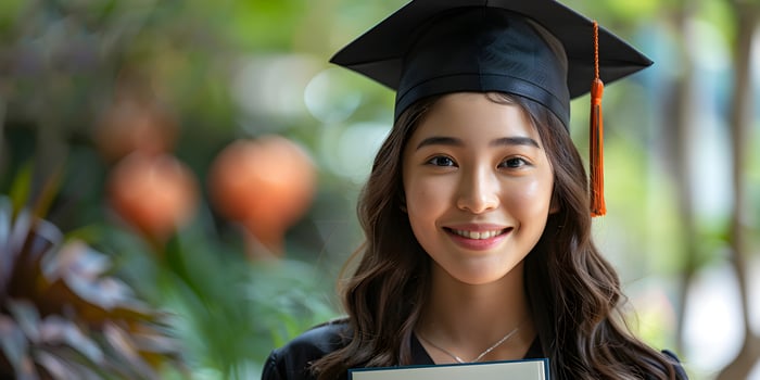 Cheerful young asian woman graduate portrait in mortarboard and bachelor gown, graduation ceremony concept. Congratulation the graduates in University, education background with copy space. photo