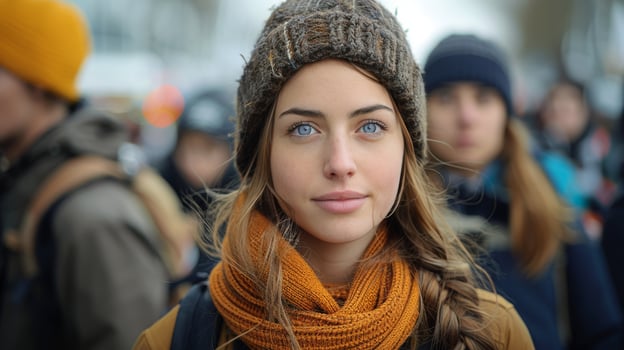 Woman Walking Down Street in Beanie photo