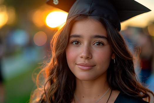 Young hispanic woman in black gown and graduation cap in front of university at sunset light . photo