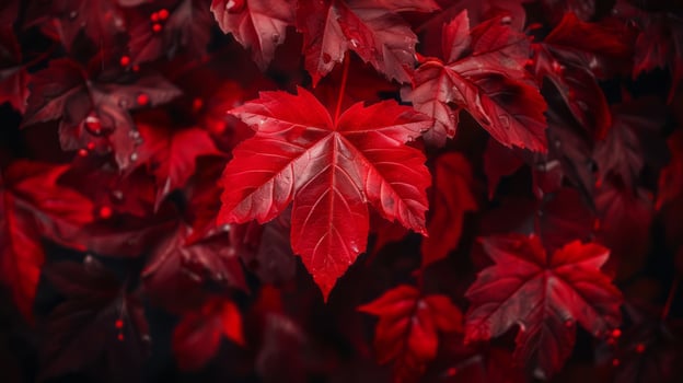 Vibrant Red Autumn Leaves Close Up on Dark Background with Soft Focus Background Detail photo