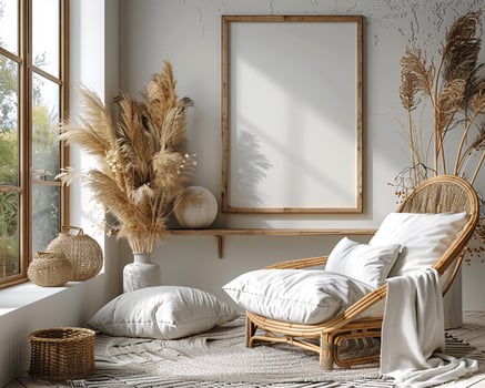 Frame mock up, In Cozy Modern Living Area With Comfortable White Seating and Rustic Brick Walls at Daytime photo