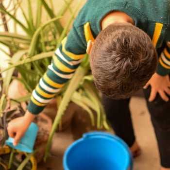 Cute 5 year old Asian little boy is watering the plant in the pots located at house balcony, Love of sweet little boy for the mother nature during watering into plants, Kid Planting photo