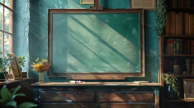 a classroom with a large chalkboard and a desk photo