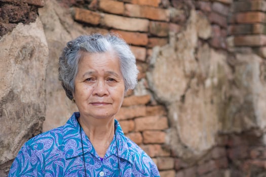 Elderly Asian woman with short gray hair looking at the camera while standing with old brick wall background. Space for text. Concept of aged people and relaxation photo