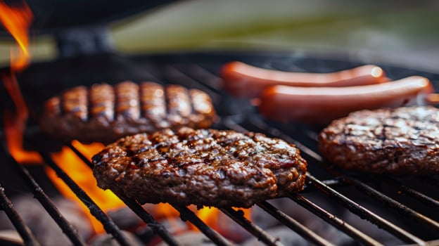 Barbecue grill sizzling with juicy burgers and hotdogs, staple of summer gatherings photo