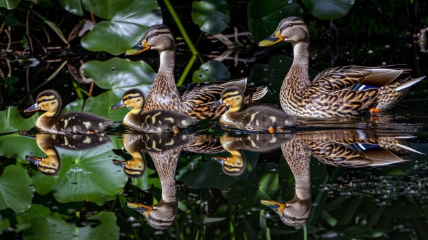 Family of ducks swimming in pond, ducklings following closely behind, charming scene of wildlife photo