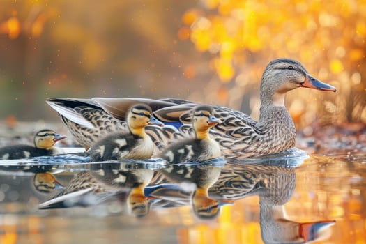 Family of ducks swimming in pond, ducklings following closely behind, charming scene of wildlife photo