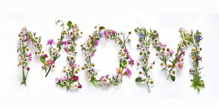 letters mom text in flowers, mother's day concept for cards, ai photo