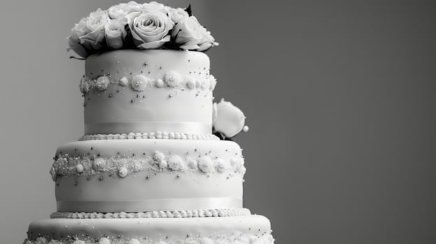 A magnificent three tiered wedding cake adorned with beautiful flowers on the top layer photo