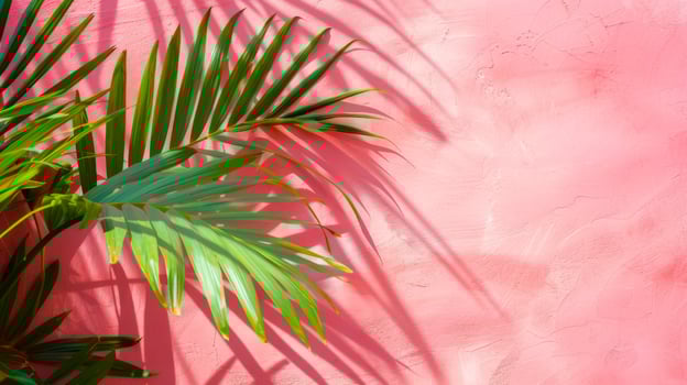 Palm leaf casting a shadow on a textured pink wall. Tropical plant against vibrant backdrop. Bright summer background. Concept of nature, simplicity. Mockup for design. Copy space photo