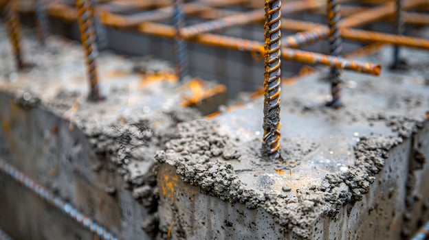Close up of concrete block with numerous metal rods photo