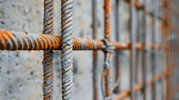 Rusty metal bars attached to a wall with a corroded surface photo