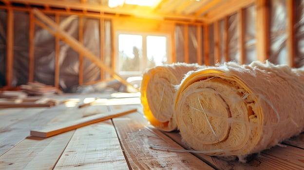 A close up of a roll of insulation on a wooden floor photo