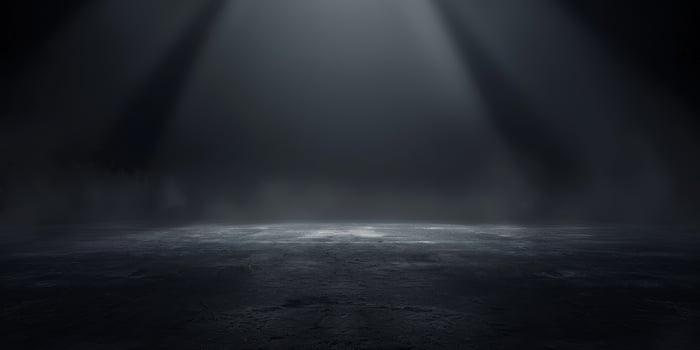 The dark stage shows, dark background, an empty dark scene, neon light, and spotlights. The concrete floor and studio room with smoke float up the interior texture. High quality photo