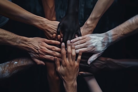 Hands of various races and ethnicities come together against discrimination. . photo