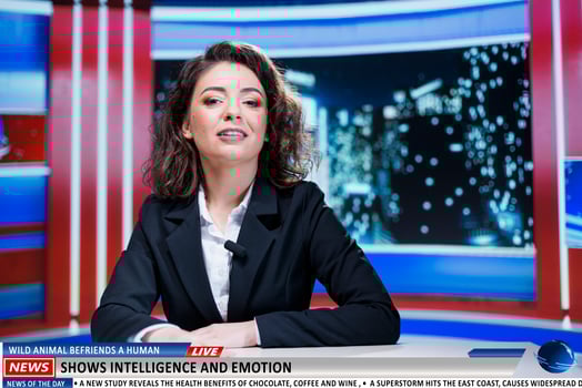 News about wild animal befriending human in newsroom, reportage covered by woman journalist on live tv. Media presenter discussing about strange miracle friendship, late night show. photo