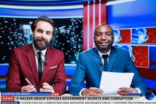 News about hackers revealing state secrets through classified documents discovered on servers, journalists team broadcasting live. Two reporters presenting government information exposed. photo