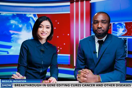 Presenters announce medical innovation that cures cancer and other diseases, people talking about gene editing discovery made by science experts and specialists. Amazing technology breakthrough. photo