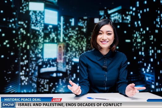Woman reports historic peace deal between israel and palestine, countries at war for decades finally ending bloody conflict. TV reporter presenting accord signed by both nations, happy moment. photo
