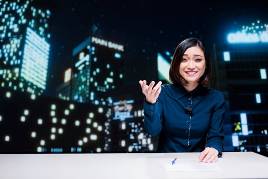 Night show host broadcasting live segment to present breaking news and latest topics, global tv program. Journalist creating newscast reportage in newsroom, transmitting exclusive headlines. photo