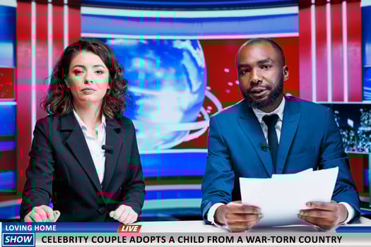 Reporters talking about famous couple adopting child from country at war, helping a kid to live normal life. Diverse journalists discuss about amazing gesture done by celebrities, morning show. photo