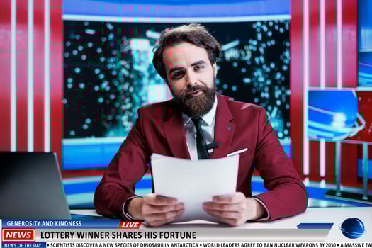 News reporter talks about lottery winner sharing his prize and fortune with other people, addressing a genuine generosity gesture on live night show program. Lucky person donating money. photo