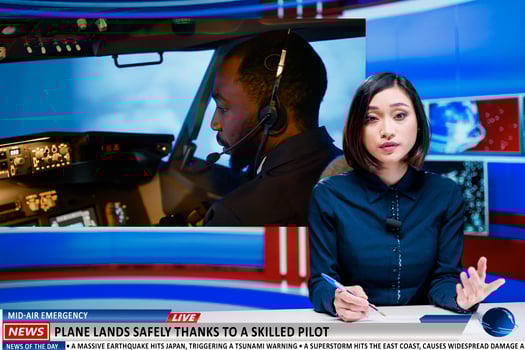 Media reporter talks about pilot hero saving passenger on commercial flight by landing airplane safely in newsroom. Asian journalist working on daily headlines broadcasting, advertisement. photo